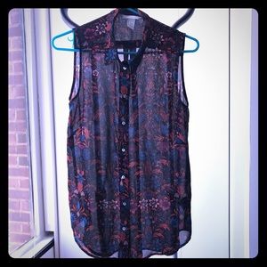 Sheer Floral Flowy Sleeveless Button Up